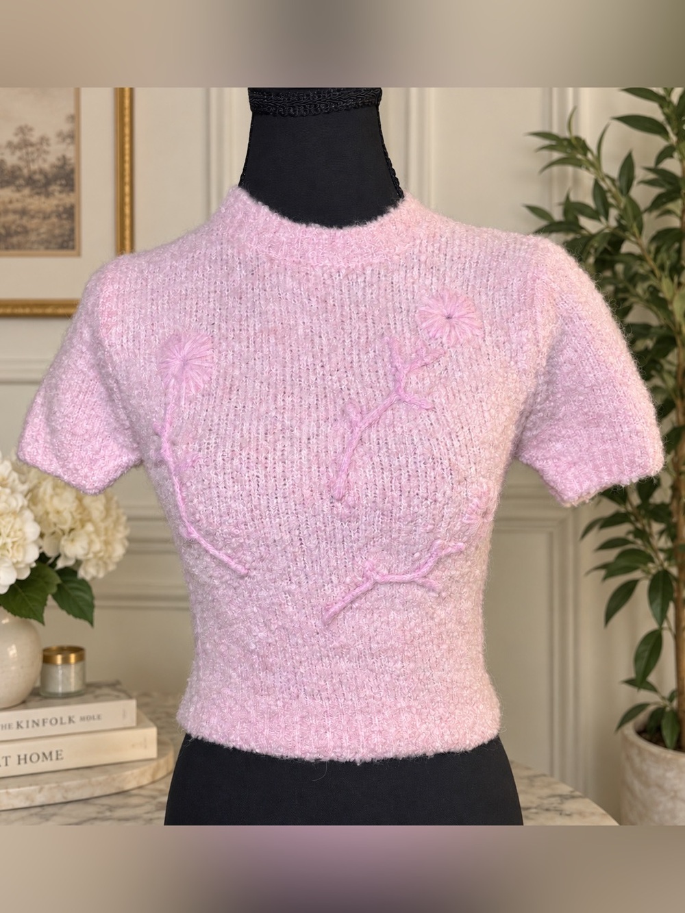 ZARA Pink Fuzzy Floral Embroidered Short Sleeve Sweater Top XS Coquette